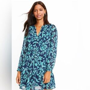 LOFT Floral Flounce Shirt Dress Size Large Green and Blue Long Sleeve Drop Waist